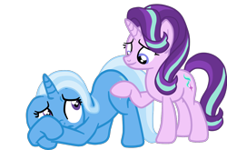 Size: 1314x867 | Tagged: safe, artist:gmaplay, starlight glimmer, trixie, pony, unicorn, g4, butt touch, duo, female, hoof on butt, scared, simple background, transparent background