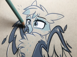 Size: 3241x2392 | Tagged: safe, artist:emberslament, oc, oc only, oc:dillinger, griffon, boop, chest fluff, cute, eared griffon, high res, male, pencil boop, photo, solo, spread wings, surprised, traditional art, wings