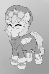 Size: 622x937 | Tagged: safe, artist:pencilfriend, fluttershy, pegasus, pony, g4, alternate design, alternate universe, bandana, blushing, closed mouth, clothes, colored, cuffs (clothes), ear piercing, earring, eyes closed, flat colors, glasses, gradient background, grayscale, hair ornament, hairpin, jewelry, manga, monochrome, piercing, ring, simple background, smiling, solo, wings