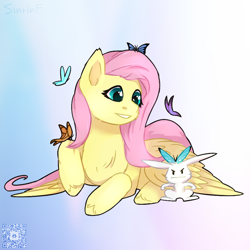 Size: 1000x1000 | Tagged: safe, artist:sinrinf, angel bunny, fluttershy, butterfly, pegasus, pony, g4, angel bunny is not amused, cute, lying down, prone, qr code, shyabetes, simple background, solo, sticker, unamused