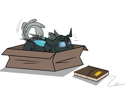 Size: 1152x821 | Tagged: safe, alternate character, alternate version, artist:rokosmith26, part of a set, oc, oc only, oc:tarsi, changeling, bait, behaving like a cat, book, box, changeling in a box, changeling oc, commission, eyes on the prize, floppy ears, glasses, horn, if i fits i sits, imminent pounce, looking at something, lying down, male, part of a series, roko's hunting ponies, simple background, solo, string, tail, transparent background, wings, ych result
