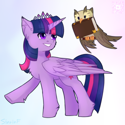 Size: 1000x1000 | Tagged: safe, artist:sinrinf, owlowiscious, twilight sparkle, alicorn, bird, owl, pony, g4, book, crown, flying, jewelry, regalia, simple background, standing, twilight sparkle (alicorn)