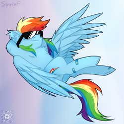 Size: 1000x1000 | Tagged: safe, artist:sinrinf, rainbow dash, pegasus, pony, g4, armpits, bandaid, chest fluff, flying, glasses, simple background, solo, sticker, sunglasses