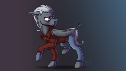 Size: 4000x2250 | Tagged: safe, artist:klarapl, oc, oc only, oc:strapdown, bat pony, pony, bat pony oc, cloven hooves, commission, looking back, male, paranoid, raised hoof, solo, stallion