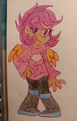 Size: 2659x4160 | Tagged: safe, artist:mirabuncupcakes15, scootaloo, human, g4, boots, clothes, dark skin, female, humanized, older, older scootaloo, pants, shoes, solo, sweater, traditional art, winged humanization, wings