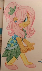 Size: 2439x4148 | Tagged: safe, artist:mirabuncupcakes15, fluttershy, human, g4, alternate hairstyle, clothes, dress, ear piercing, earring, female, flats, humanized, jewelry, piercing, shoes, socks, solo, stockings, thigh highs, traditional art