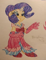 Size: 3013x3917 | Tagged: safe, artist:mirabuncupcakes15, rarity, human, g4, alternate hairstyle, clothes, dress, eyeshadow, female, flats, gloves, grin, high res, horn, horned humanization, humanized, makeup, shoes, simple background, smiling, solo, traditional art, white background