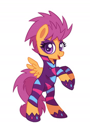 Size: 1500x2129 | Tagged: safe, artist:asimos, artist:maytee, scootaloo, pegasus, pony, g4, season 1, the show stoppers, bipedal, clothes, costume, show stopper outfits, simple background, solo, white background