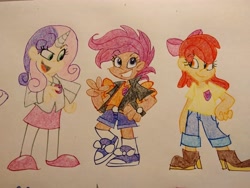 Size: 4160x3120 | Tagged: safe, artist:mirabuncupcakes15, apple bloom, scootaloo, sweetie belle, human, g4, alternate hairstyle, apple bloom's bow, belt, boots, bow, clothes, converse, cutie mark crusaders, eyebrows, eyebrows visible through hair, female, flats, grin, hair bow, high res, horn, horned humanization, humanized, jacket, jeans, leather jacket, older, older apple bloom, older cmc, older scootaloo, older sweetie belle, open mouth, open smile, pants, shirt, shoes, shorts, simple background, skirt, smiling, sneakers, socks, stockings, t-shirt, thigh highs, traditional art, trio, trio female, watch, white background, winged humanization, wings, wristwatch