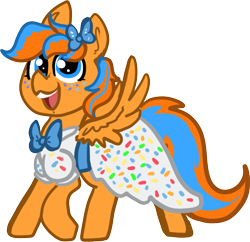 Size: 697x675 | Tagged: safe, artist:nootaz, oc, oc:cold front, pegasus, pony, birthday, bow, clothes, commission, crossdressing, dress, food, gift art, happy, patreon, patreon reward, sprinkles, that stallion sure does love dresses