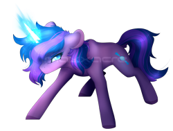 Size: 2258x1710 | Tagged: safe, artist:maxxacure, oc, oc only, oc:stellar trace, pony, unicorn, battle stance, commission, concave belly, cutie mark, female, horn, magic, neutron star, pulsar, simple background, slender, solo, thin, transparent background, watermark