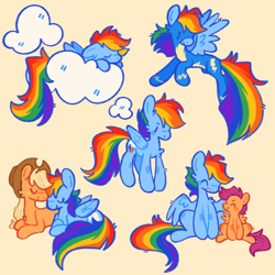 Size: 2048x2048 | Tagged: safe, artist:bumblesnail-art, applejack, rainbow dash, scootaloo, earth pony, pegasus, pony, g4, big tail, clothes, cloud, cuddling, cute, eyes closed, facing each other, female, filly, flying, folded wings, happy, hat, high res, lesbian, looking back, looking down, lying down, mare, nuzzling, on a cloud, ship:appledash, shipping, simple background, sleeping, sleeping on a cloud, uniform, wings, wonderbolts, wonderbolts uniform