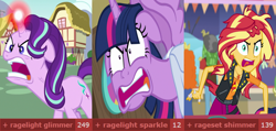 Size: 2271x1080 | Tagged: safe, edit, edited screencap, screencap, starlight glimmer, sunset shimmer, twilight sparkle, alicorn, pony, unicorn, derpibooru, a trivial pursuit, all bottled up, equestria girls, equestria girls series, g4, rollercoaster of friendship, angry, floppy ears, it's not about the parakeet, messy hair, meta, quiet, rage, ragelight glimmer, ragelight sparkle, rageset shimmer, shrunken pupils, tags, that pony sure have anger issues, this is trivia trot, twilight sparkle (alicorn), vein, vein bulge, who wore it best