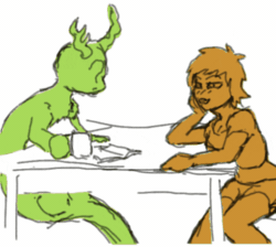 Size: 510x456 | Tagged: safe, artist:snuggleproxy, discord, oc, oc:anon, draconequus, human, toad, g4, animated, blushing, chair, draconequified, eris, finger snap, horn, horn growth, humanized, martini glass, mug, rule 63, sitting, species swap, sweat, sweatdrop, table, transformation