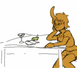 Size: 510x450 | Tagged: safe, artist:snuggleproxy, discord, oc, oc:anon, draconequus, human, toad, g4, animated, blushing, chair, drinking, eris, female, gif, humanized, kissing, male, martini glass, rule 63, sitting, sweat, sweatdrop, table, transformation