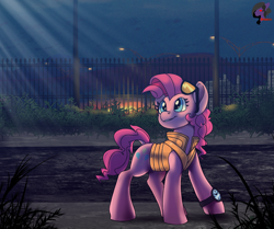 Size: 2584x2160 | Tagged: source needed, safe, artist:brainiac, pinkie pie, earth pony, pony, g4, back to the future, clothes, crepuscular rays, female, high res, looking up, mare, night, outdoors, pinkie mcpie, solo, sunglasses, turned head, vest, watch, wristwatch