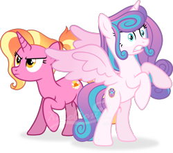 Size: 4382x3899 | Tagged: safe, artist:kojibiose, luster dawn, princess flurry heart, alicorn, pony, unicorn, the last problem, absurd resolution, angry, bipedal, duo, duo female, female, mare, older, older flurry heart, raised hoof, simple background, spread wings, teeth, transparent background, vector, wings