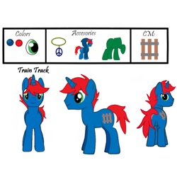Size: 900x900 | Tagged: safe, artist:ry-bluepony1, oc, oc only, oc:train track, pony, unicorn, g4, clothes, colors, eye color, hoodie, horn, jewelry, male, necklace, peace suit, reference sheet, stallion, unicorn oc