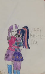 Size: 1280x2112 | Tagged: safe, artist:brandonale, sci-twi, twilight sparkle, twilight velvet, human, equestria girls, g4, clothes, duo, duo female, equestria girls-ified, eyes closed, female, glasses, hug, mother and child, mother and daughter, mother's day