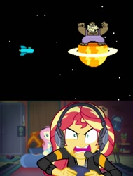 Size: 768x1008 | Tagged: safe, edit, edited screencap, screencap, fluttershy, sunset shimmer, equestria girls, equestria girls series, g4, game stream, spoiler:eqg series (season 2), futurama, gamer sunset, male, nintendo, sunset shimmer frustrated at game, tell me what you need