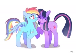 Size: 1974x1368 | Tagged: safe, artist:aaa-its-spook, rainbow dash, twilight sparkle, pegasus, pony, unicorn, g4, backwards cutie mark, cute, duo, duo female, eyebrows, eyebrows visible through hair, eyes closed, female, lesbian, mare, nuzzling, ship:twidash, shipping, signature, simple background, smiling, unicorn twilight, white background, wings