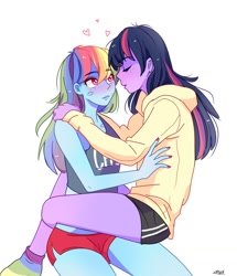 Size: 1150x1338 | Tagged: safe, artist:aaa-its-spook, rainbow dash, twilight sparkle, human, equestria girls, g4, blue skin, blushing, cheek kiss, clothes, cute, duo, eyebrows, eyebrows visible through hair, eyes closed, female, floating heart, gym shorts, hands on shoulder, heart, hoodie, hug, kiss mark, kissing, leg lock, lesbian, lipstick, midriff, multicolored hair, nail polish, pink eyes, pink nail polish, pink skin, purple skin, rainbow hair, rainbow socks, sexy, ship:twidash, shipping, short shirt, shorts, side slit, signature, simple background, sitting on lap, sitting on person, socks, sports shorts, striped socks, tank top, tomboy, white background