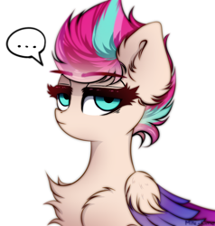 Size: 2868x3010 | Tagged: safe, artist:mite-lime, zipp storm, pegasus, pony, g5, ..., chest fluff, colored wings, ear fluff, eyelashes, female, high res, looking at you, mare, multicolored wings, shoulder fluff, simple background, sitting, solo, speech bubble, white background, wing fluff, wings