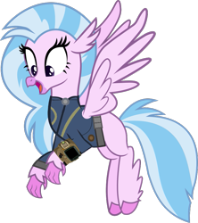 Size: 765x860 | Tagged: safe, artist:crystalmagic6, artist:php170, silverstream, classical hippogriff, hippogriff, fallout equestria, g4, school daze, claws, clothes, cute, diastreamies, fallout, female, flying, full body, happy, jewelry, jumpsuit, necklace, open mouth, pipboy, simple background, smiling, solo, spread wings, transparent background, vault suit, vector, wings