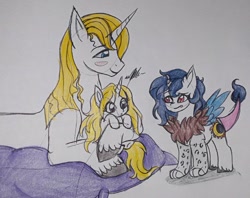Size: 720x571 | Tagged: safe, artist:theumbramistress, prince blueblood, oc, oc:charlotte lustermane, oc:eclipse sunshine, hybrid, pony, unicorn, g4, father and child, father and daughter, female, filly, interspecies offspring, lying down, male, offspring, parent:discord, parent:prince blueblood, parent:princess celestia, parent:trixie, parents:bluetrix, parents:dislestia, pillow, prone, traditional art, trio, unshorn fetlocks