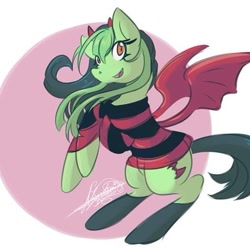 Size: 527x527 | Tagged: safe, artist:sakura_doujinshi_sd, oc, oc only, bat pony, pony, abstract background, bat pony oc, bat wings, clothes, devil horns, female, mare, rearing, signature, socks, solo, wings