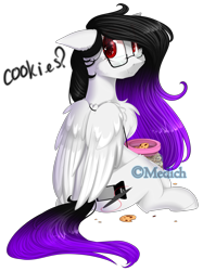 Size: 2015x2687 | Tagged: safe, artist:mediasmile666, oc, oc only, pegasus, pony, chest fluff, cookie, female, floppy ears, food, high res, looking at you, looking back, looking back at you, mare, pegasus oc, simple background, sitting, solo, transparent background