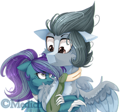 Size: 2446x2247 | Tagged: safe, artist:mediasmile666, oc, oc only, pegasus, pony, bust, chest fluff, clothes, duo, female, floppy ears, high res, male, mare, scarf, simple background, spread wings, stallion, transparent background, wings