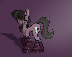 Size: 1830x1466 | Tagged: safe, artist:revenge.cats, oc, oc only, earth pony, pony, barrette, bow, clothes, colored pupils, femboy, hair bow, hairclip, looking at you, male, raised tail, signature, simple background, smiling, socks, solo, stockings, striped mane, striped socks, tail, thick, thigh highs, wavy mouth