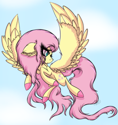 Size: 1080x1145 | Tagged: safe, artist:beamybutt, artist:fruiitypieq, artist:shycookieq, fluttershy, pegasus, pony, g4, collaboration, colored hooves, ear fluff, eyelashes, female, flying, looking back, mare, solo, wings