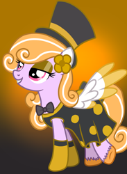 Size: 1080x1472 | Tagged: safe, artist:fruiitypieq, artist:shycookieq, oc, oc only, pegasus, pony, abstract background, bedroom eyes, bowtie, clothes, dress, eyelashes, female, flower, flower in hair, hat, mare, pegasus oc, solo, top hat, two toned wings, wings
