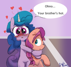 Size: 738x694 | Tagged: safe, artist:davierocket, izzy moonbow, sunny starscout, earth pony, pony, unicorn, g5, bear hug, bipedal, blushing, braid, crush, duo, female, heart, heart eyes, hug, implied hitch trailblazer, implied siblings, looking at you, looking back, mare, offscreen character, oh no he's hot, open mouth, ponytail, raised hoof, simple background, speech bubble, spongebob squarepants, squilliam returns, text, wingding eyes