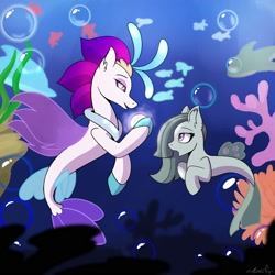 Size: 2000x2000 | Tagged: safe, artist:aurorafang, marble pie, queen novo, earth pony, fish, seapony (g4), g4, my little pony: the movie, bubble, colored pupils, coral, crown, dish, female, fin wings, fins, fish tail, high res, jewelry, lidded eyes, looking at each other, ocean, open mouth, orb, pearl, purple eyes, queen novo's orb, race swap, regalia, seaponified, seaweed, smiling, species swap, tail, underwater, water, wings