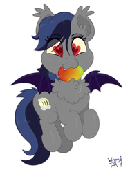 Size: 2448x3264 | Tagged: safe, artist:wispy tuft, oc, oc only, oc:echo, bat, bat pony, fruit bat, pony, bat pony oc, chest fluff, fluffy, food, fruit, heart eyes, herbivore, high res, mango, mouth hold, solo, true love, wingding eyes