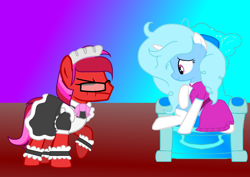 Size: 1650x1169 | Tagged: safe, artist:ngthanhphong, oc, oc:jemimasparkle, oc:ruby star, alicorn, earth pony, pony, bow, clothes, crossdressing, dress, embarrassed, eyes closed, female, glasses, maid, male, mare, pouting, scar, stallion, throne, uniform