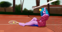 Size: 4000x2116 | Tagged: safe, alternate version, artist:alicorn-without-horn, izzy moonbow, unicorn, anthro, unguligrade anthro, g5, ball, breasts, cleavage, clothes, dress, female, horn, horn impalement, hornball, izzy's tennis ball, looking at you, net, sitting, solo, tennis ball, tennis court, tennis racket, tree