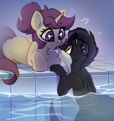 Size: 2568x2730 | Tagged: safe, artist:taneysha, oc, oc:lavrushka, otter, pony, unicorn, furry, furry oc, high res, horn, looking at each other, pale belly, pony oc, surprised, swimming pool, water