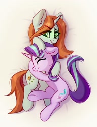 Size: 2276x2972 | Tagged: safe, artist:taneysha, crackle cosette, queen chrysalis, starlight glimmer, pony, unicorn, g4, disguised changeling, duo, eye clipping through hair, eyebrows, eyebrows visible through hair, eyes closed, female, high res, hug, mare, smiling