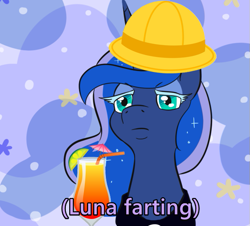 Size: 607x548 | Tagged: safe, artist:jargon scott, princess luna, alicorn, pony, g4, abstract background, bust, cocktail umbrella, drink, female, hat, implied farting, lidded eyes, mare, solo, subtitles