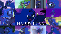 Size: 1280x721 | Tagged: safe, edit, edited screencap, editor:quoterific, screencap, princess luna, alicorn, pony, a royal problem, between dark and dawn, bloom & gloom, do princesses dream of magic sheep, for whom the sweetie belle toils, g4, luna eclipsed, princess spike, princess twilight sparkle (episode), season 2, season 3, season 4, season 5, season 7, season 9, sleepless in ponyville, to where and back again, twilight's kingdom, book, clubhouse, crown, crusaders clubhouse, cute, eyes closed, female, jewelry, laughing, lunabetes, magic, mare, night, one eye closed, open mouth, ponytail, regalia, smiling, solo, telekinesis, wink