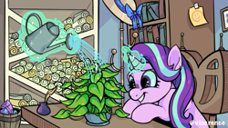 Size: 985x554 | Tagged: safe, artist:viocrence, phyllis, starlight glimmer, pony, unicorn, g4, glowing horn, horn, philodendron, solo, starlight's office, watering, watering can