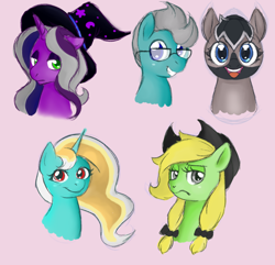Size: 900x868 | Tagged: artist needed, safe, oc, oc only, oc:from kum, oc:palmetto pret, oc:silver dawn, oc:sparkling fjord, oc:speedy keystroke, earth pony, pony, unicorn, bust, female, frown, glasses, group, hat, lidded eyes, male, mare, pigtails, ponified horse, quintet, simple background, smiling, stallion, wizard hat