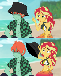 Size: 4197x5272 | Tagged: safe, artist:floonasif, sunset shimmer, oc, oc:ruby sword, equestria girls, g4, abs, bare shoulders, beach, bikini, bikini top, canon x oc, clothes, female, gary stu 2.0, glare, grumpy, hat, hatless, male, missing accessory, sarong, shipping, show accurate, sleeveless, straight, sunsword, swimsuit