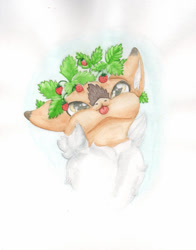 Size: 800x1020 | Tagged: safe, artist:cindertale, oc, oc only, oc:cinder, deer, :p, bust, chest fluff, cute, deer oc, food, male, solo, strawberry, tongue out, traditional art