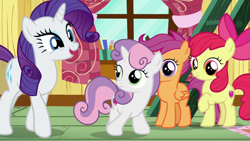 Size: 1920x1080 | Tagged: safe, screencap, apple bloom, rarity, scootaloo, sweetie belle, earth pony, pegasus, pony, unicorn, forever filly, g4, my little pony: friendship is magic, apple bloom's bow, bow, clubhouse, cutie mark crusaders, female, filly, hair bow, mare, open mouth, walking