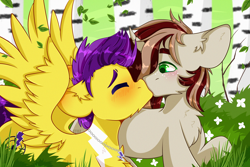 Size: 3000x2000 | Tagged: safe, artist:etoz, oc, oc only, oc:blazing bullet, oc:skyspark, pegasus, pony, unicorn, blushing, commission, eyes closed, forest, gay, grass, happy, high res, horn, kiss on the lips, kissing, leaves, male, pegasus oc, sparklet, stallion, surprised, tree, unicorn oc, wings, ych result